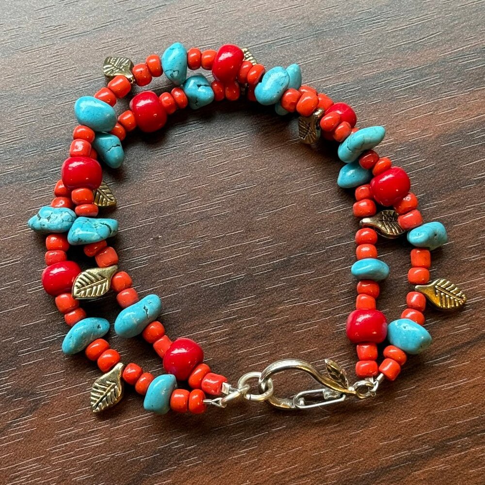 Double Strand Orange and Turquoise Beaded Bracelet with Metal Leaves
